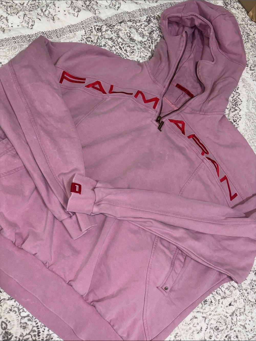 Falmaran XL Unisex Mauve Quarter Zip Hoodie with Red Embroidered Logo